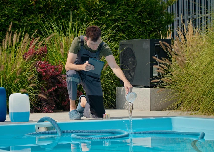 A man stands beside a pool, holding a hose, preparing to water the surrounding area.